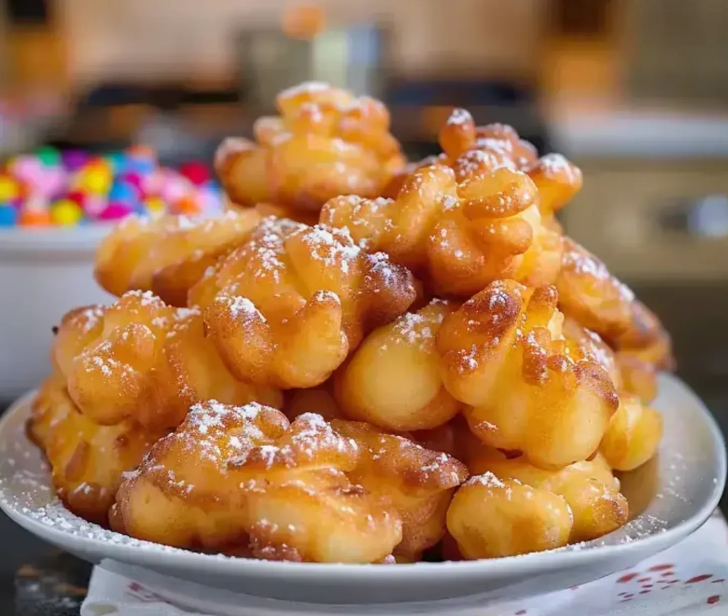 A dish filled with bite-sized powdered treats.