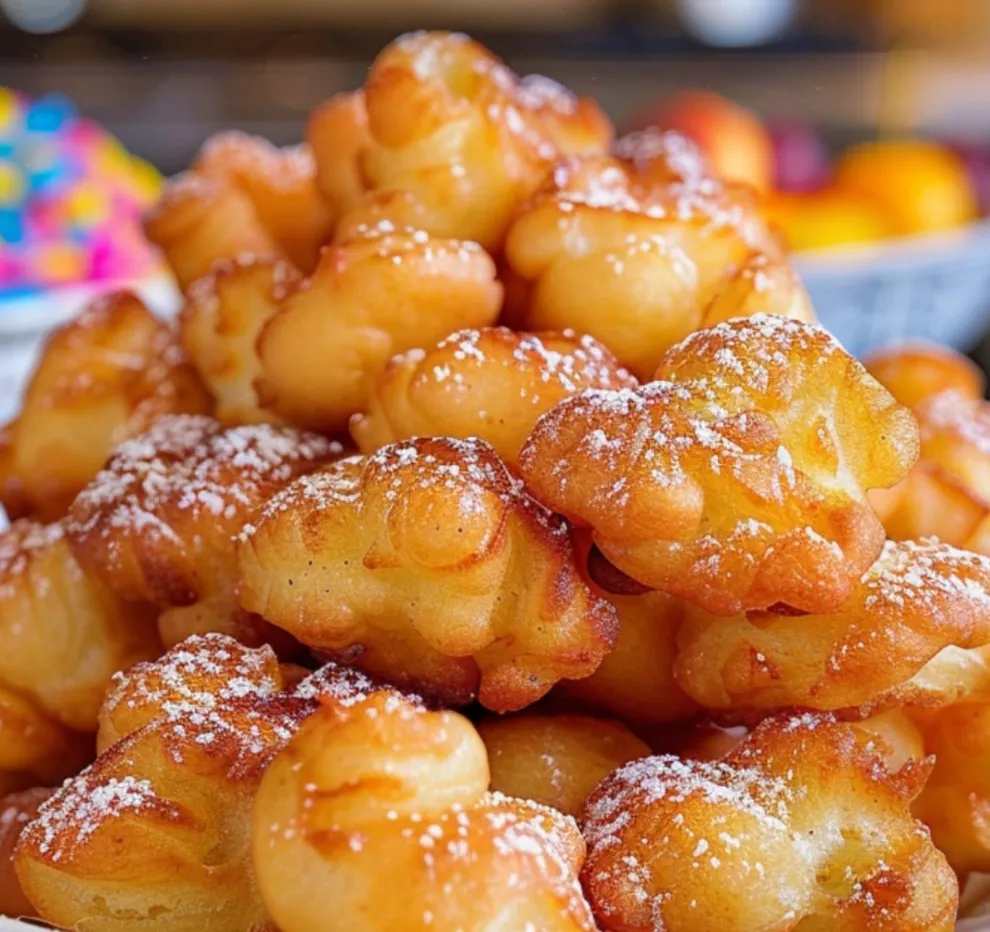 Powdered sugar dusted doughnut bites stacked up.