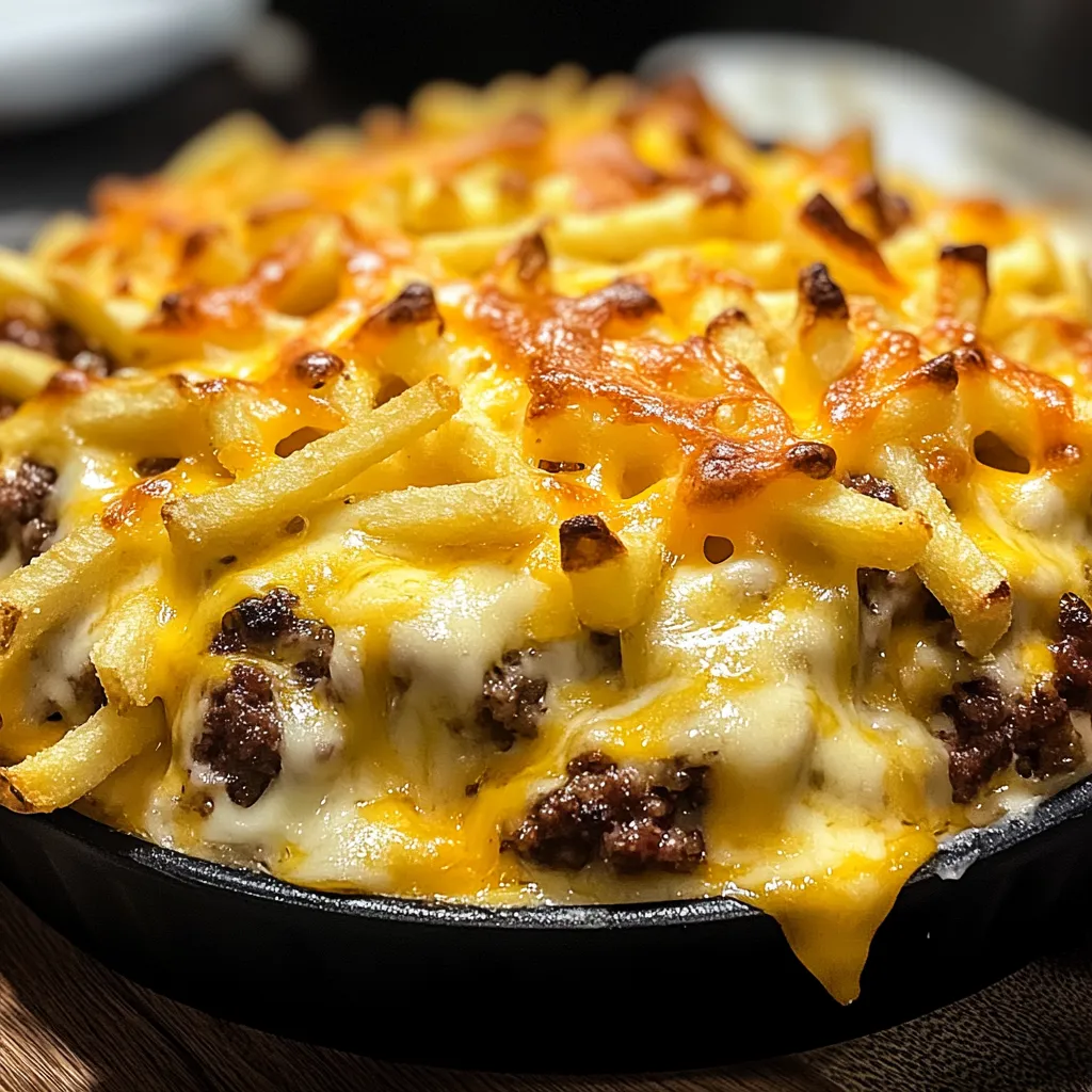 A sizzling pan full of melty cheese and ground meat casserole, topped with fries.