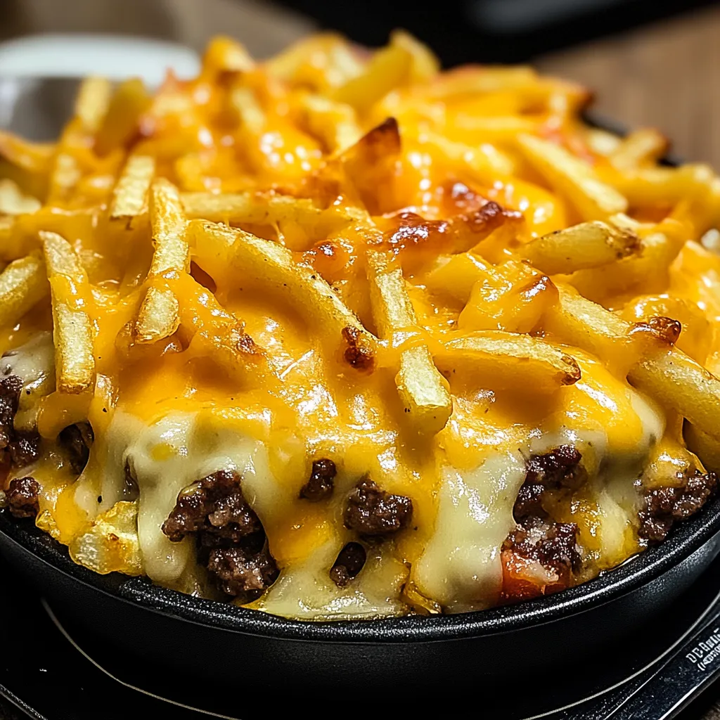 A serving of cheesy, beefy bake loaded with fries and gooey cheese.