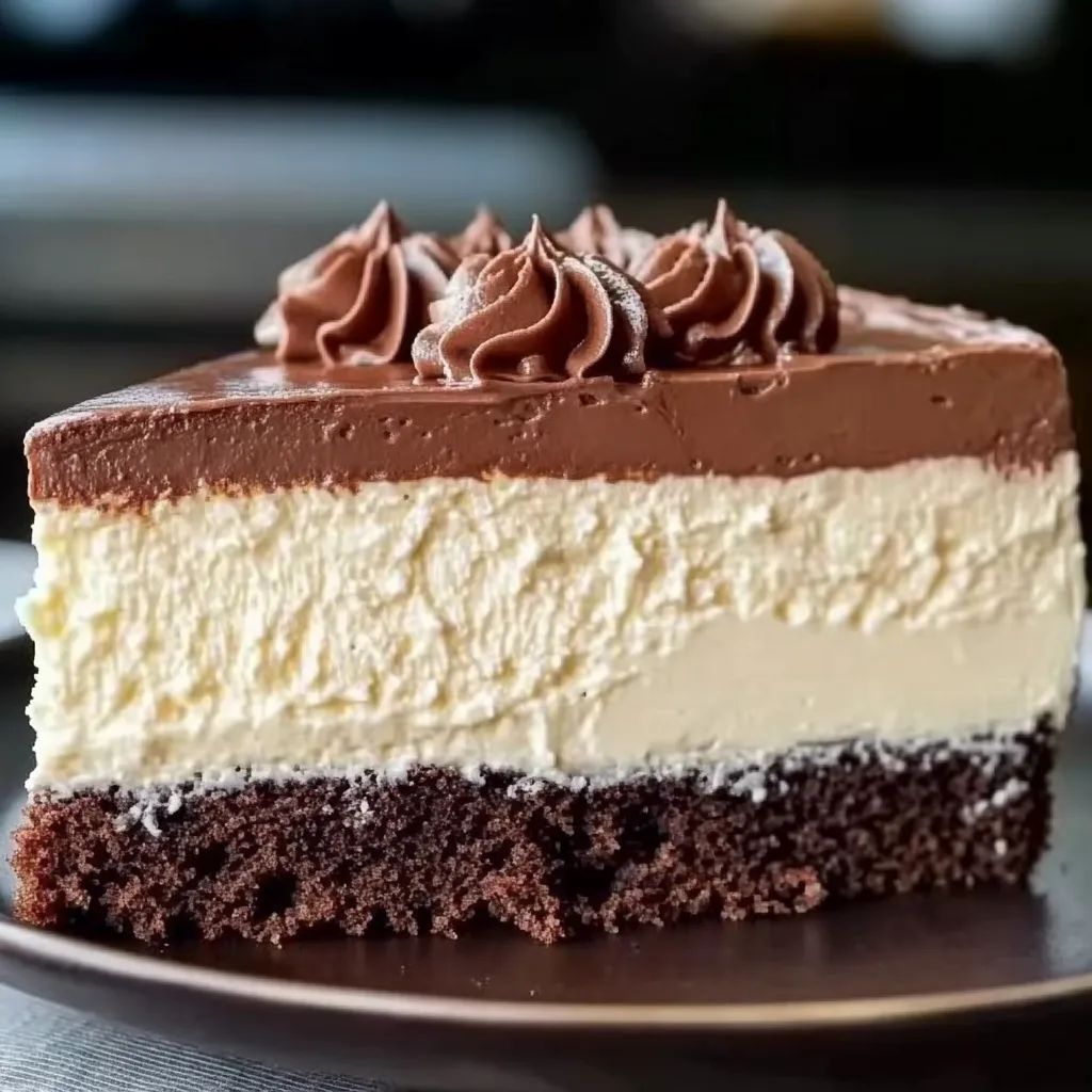 A piece of chocolate and vanilla layer cake.