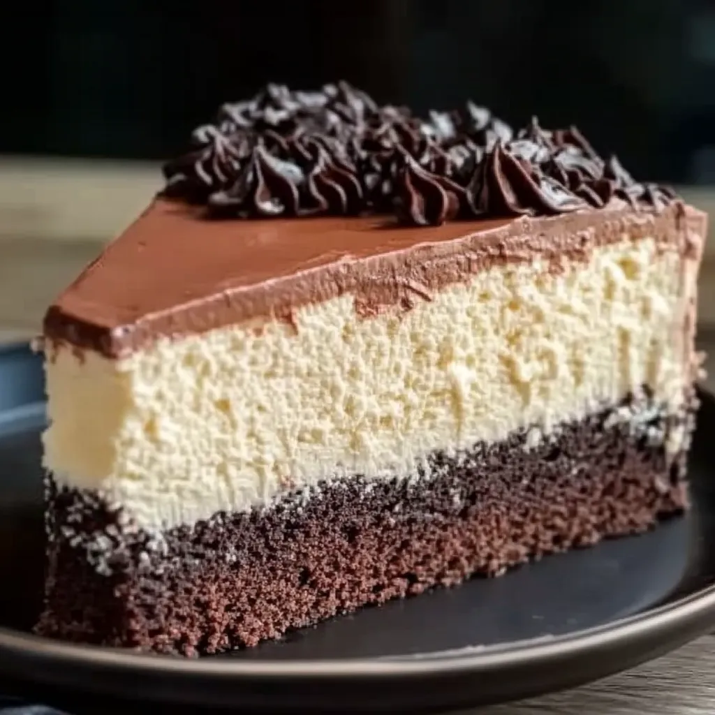 Chocolate cake slice with rich chocolate frosting.