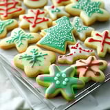 A platter of colorful Christmas cookies shaped like stars, trees, and snowflakes, perfectly decorated for the holidays.
