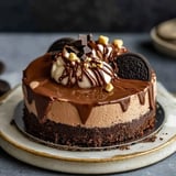 A rich chocolate dessert featuring whipped cream, chocolate drizzle, cookie crumbs, and hazelnuts on a cookie crust.