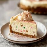 A creamy cheesecake slice sprinkled with colorful bits, topped with whipped cream on a white plate.
