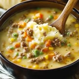 A comforting bowl of creamy beef and veggie soup topped with mashed potatoes, served alongside a wooden spoon.