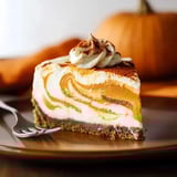 A creamy slice of pumpkin cheesecake with swirling patterns, topped with whipped cream and surrounded by fall decorations.