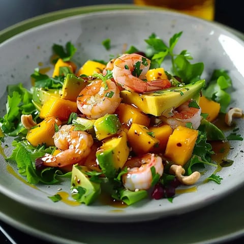 A colorful plate with shrimp, mango, avocado, fresh herbs, and lettuce, drizzled with dressing.