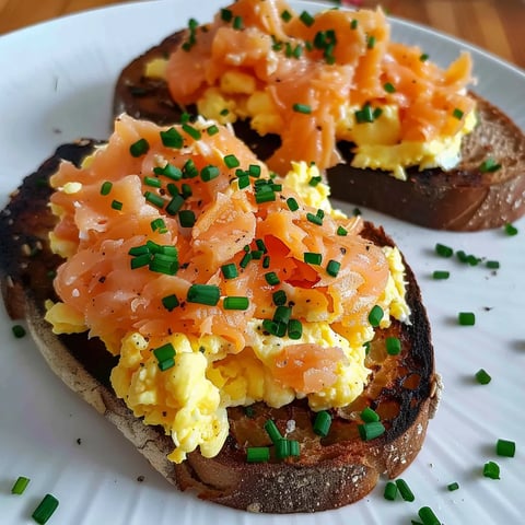 Nordic toast with creamy scrambled eggs and salmon