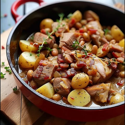 Pork stew with beans, potatoes, and bacon