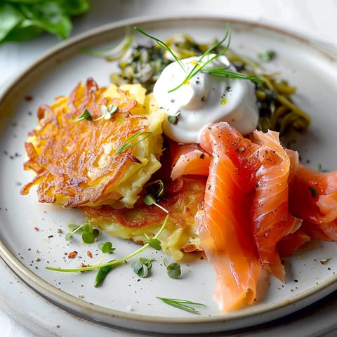 Homemade potato pancakes topped with smoked salmon