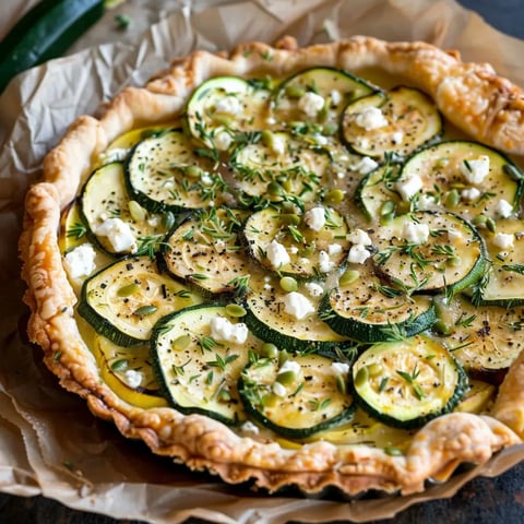 Zucchini and goat cheese tart on a plate